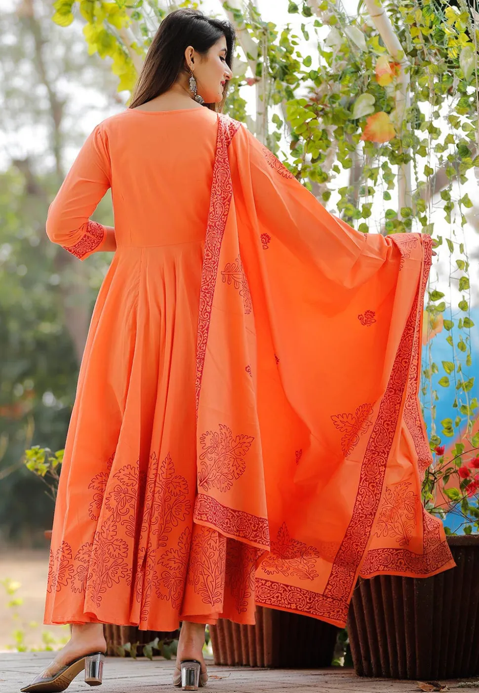 Hand Block Printed Cotton Pakistani Suit in Orange