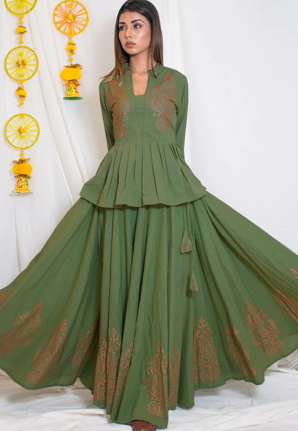 Hand Block Printed Cotton Top with Skirt in Olive Green