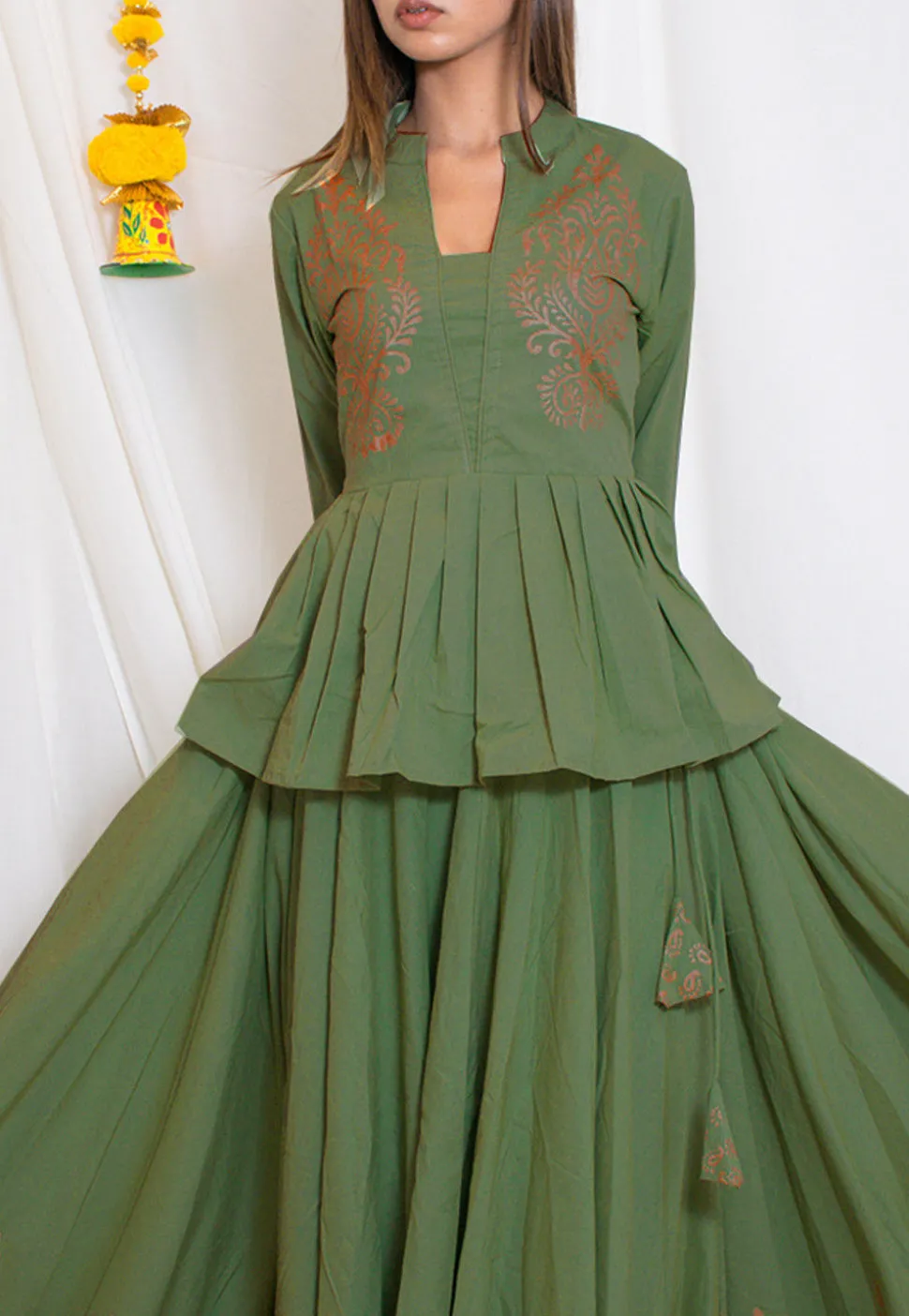 Hand Block Printed Cotton Top with Skirt in Olive Green
