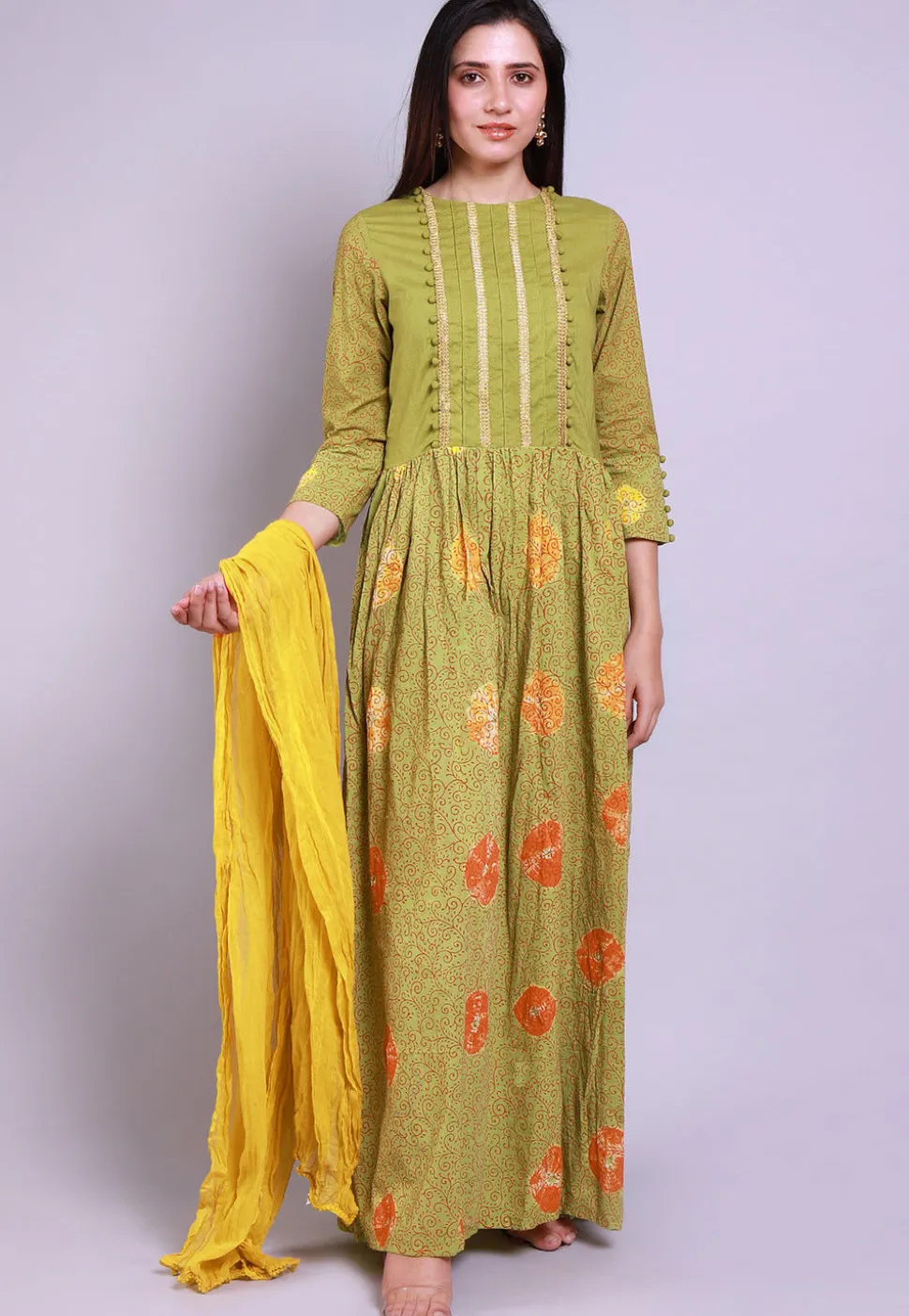 Hand Block Printed Cotton Abaya Style Suit in Olive Green