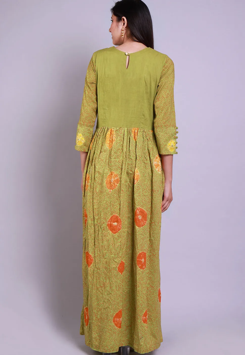 Hand Block Printed Cotton Abaya Style Suit in Olive Green