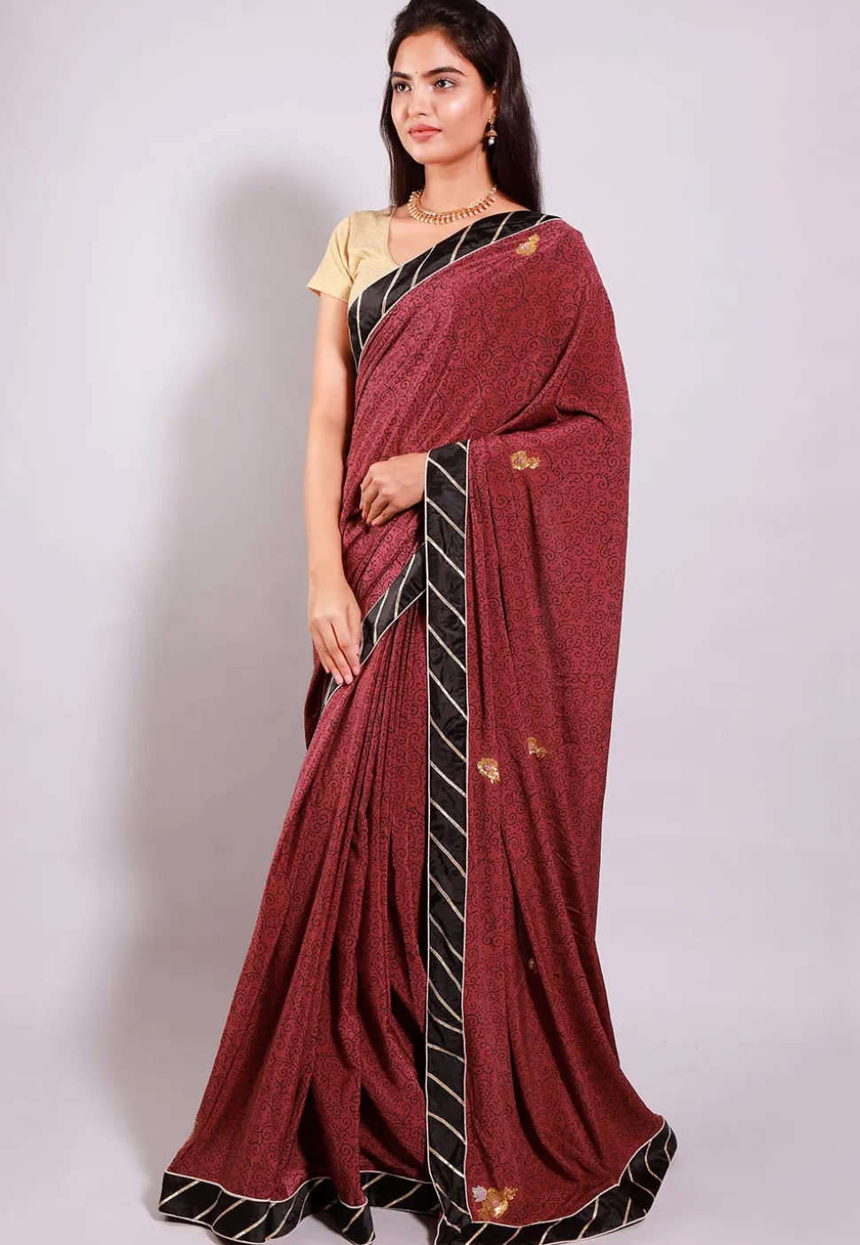 Hand Block Printed Crepe Saree in Wine