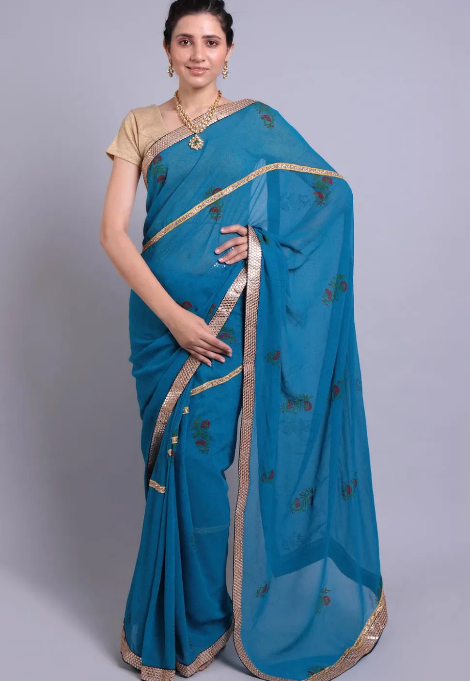 Hand Block Printed Georgette Saree in Teal Blue