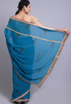 Hand Block Printed Georgette Saree in Teal Blue