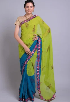 Hand Block Printed Georgette Saree in Green and Teal Blue