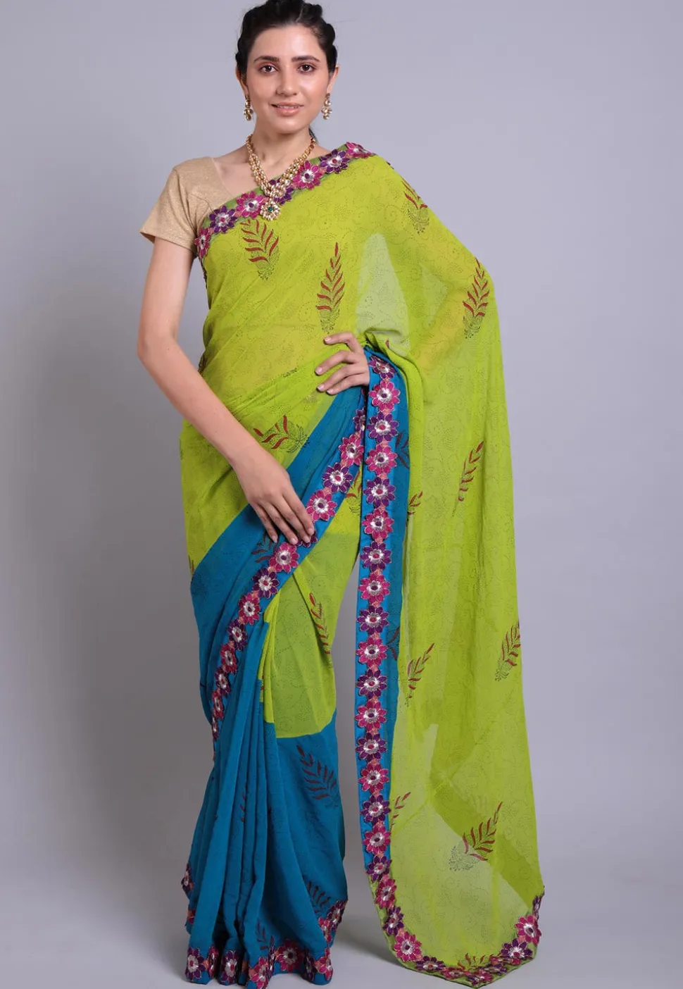 Hand Block Printed Georgette Saree in Green and Teal Blue