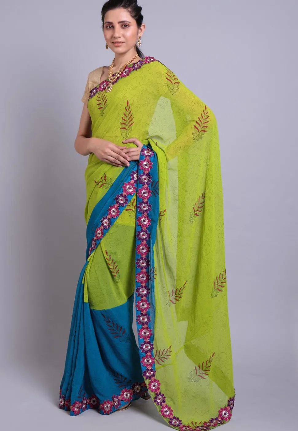 Hand Block Printed Georgette Saree in Green and Teal Blue