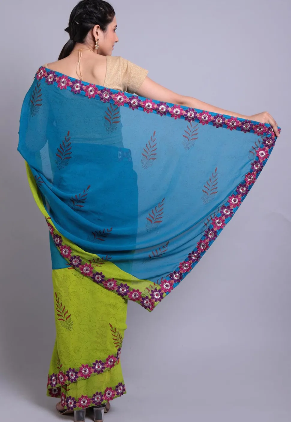 Hand Block Printed Georgette Saree in Teal Blue and Green