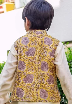 Hand Block Printed Pure Chanderi Silk Nehru Jacket in Yellow
