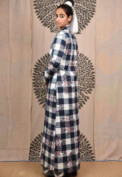 Hand Block Printed Pure Cotton Maxi Dress in Grey and White
