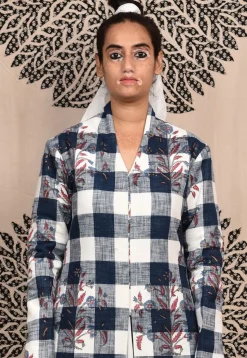 Hand Block Printed Pure Cotton Maxi Dress in Grey and White