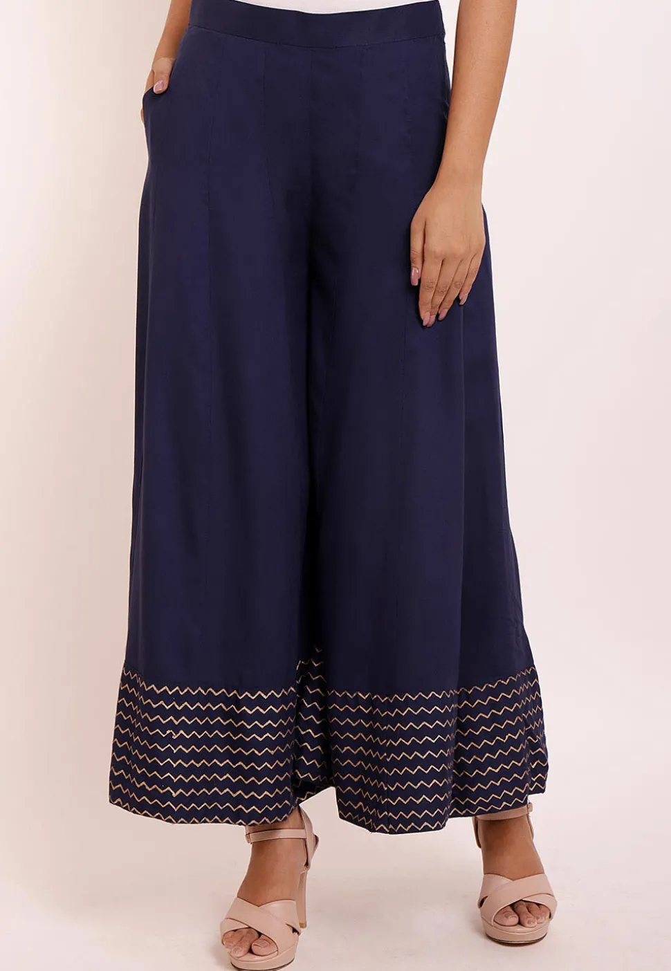 Hand Block Printed Rayon Palazzo in Navy Blue