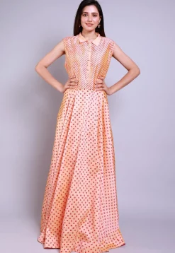 Hand Block Printed Taffeta Silk Gown in Peach