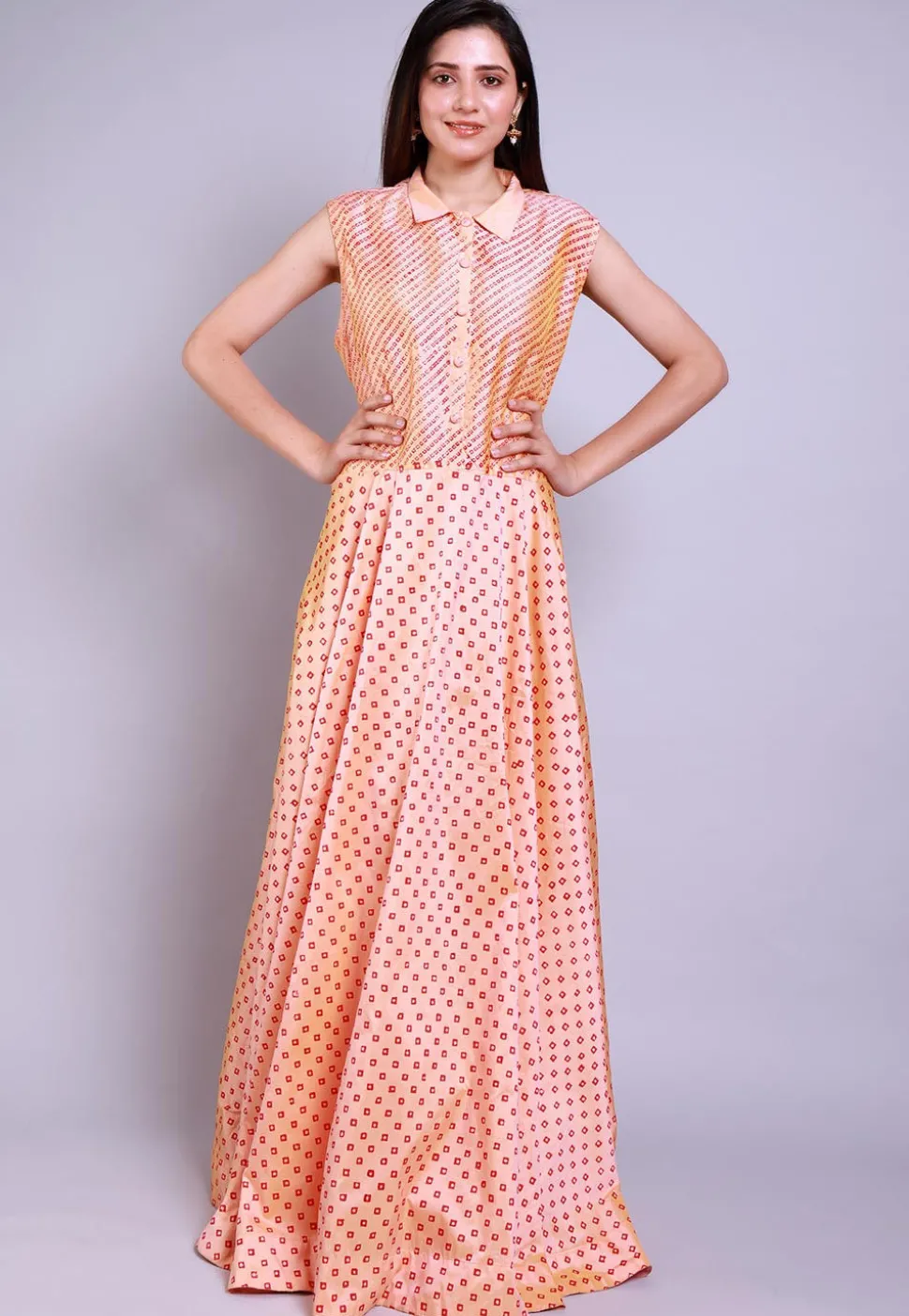 Hand Block Printed Taffeta Silk Gown in Peach