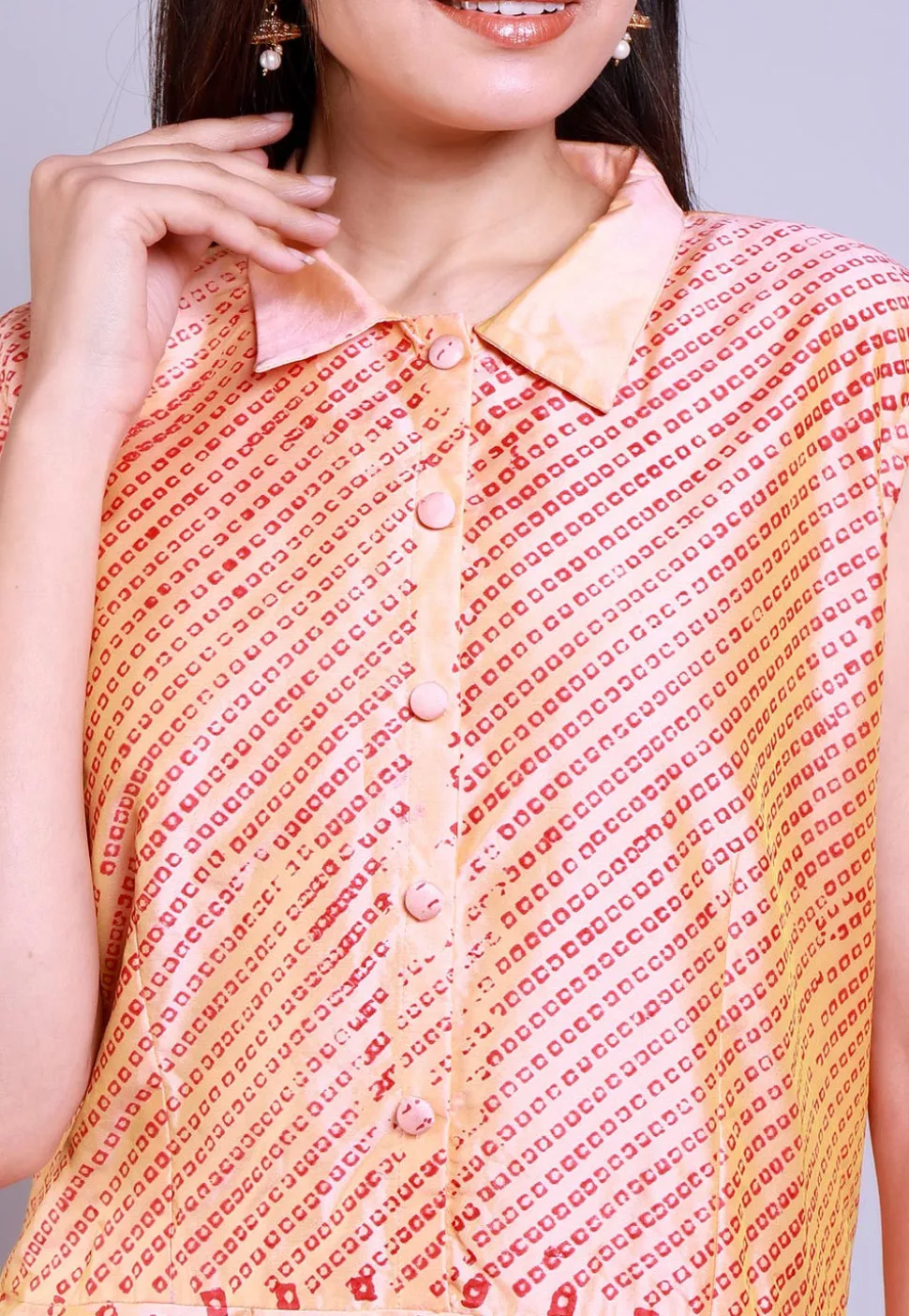 Hand Block Printed Taffeta Silk Gown in Peach