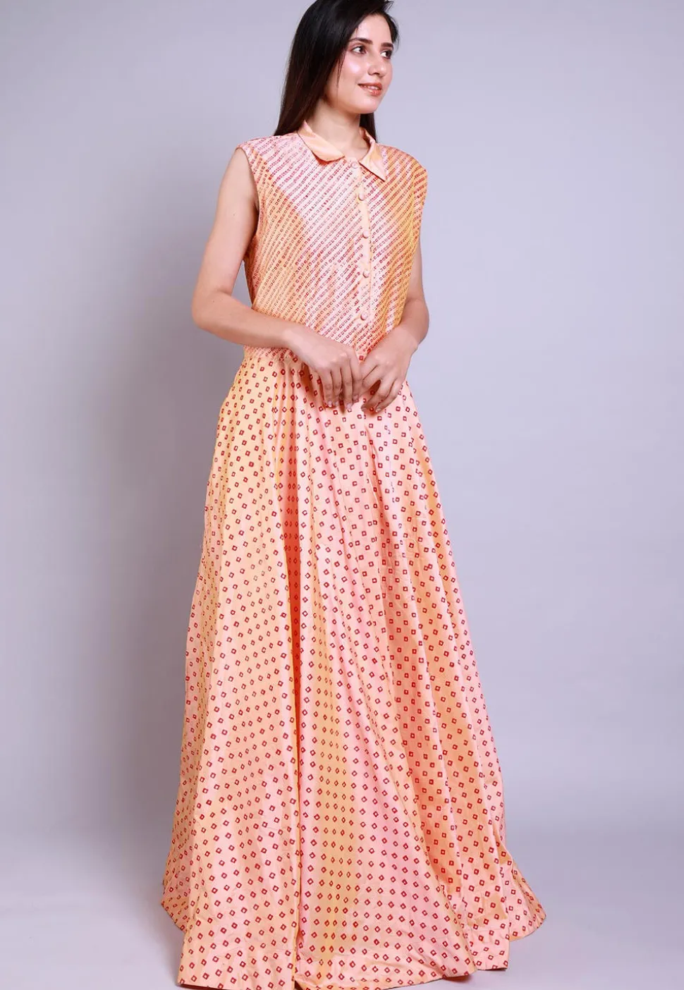 Hand Block Printed Taffeta Silk Gown in Peach