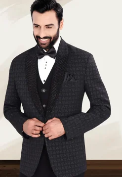Hand Embellished Terry Rayon Jacquard Blazer in Black