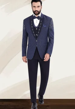 Hand Embellished Terry Rayon Jacquard Suit Set in Navy Blue