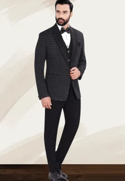 Hand Embellished Terry Rayon Jacquard Suit Set in Black