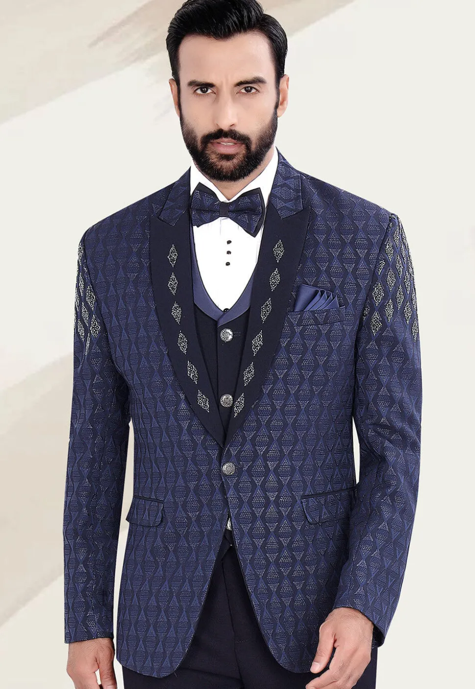 Hand Embellished Terry Rayon Jacquard Blazer in Navy Blue
