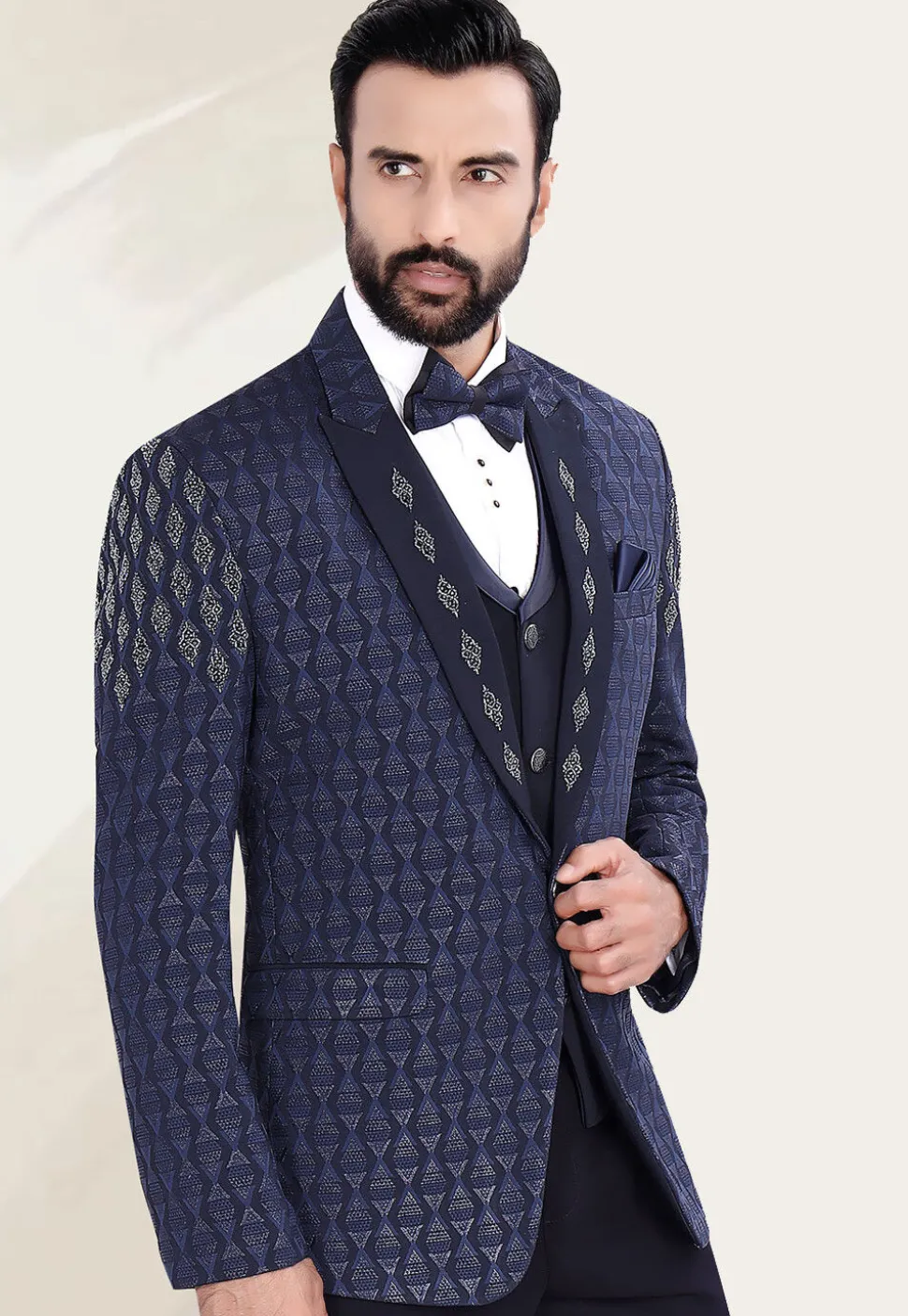 Hand Embellished Terry Rayon Jacquard Blazer in Navy Blue