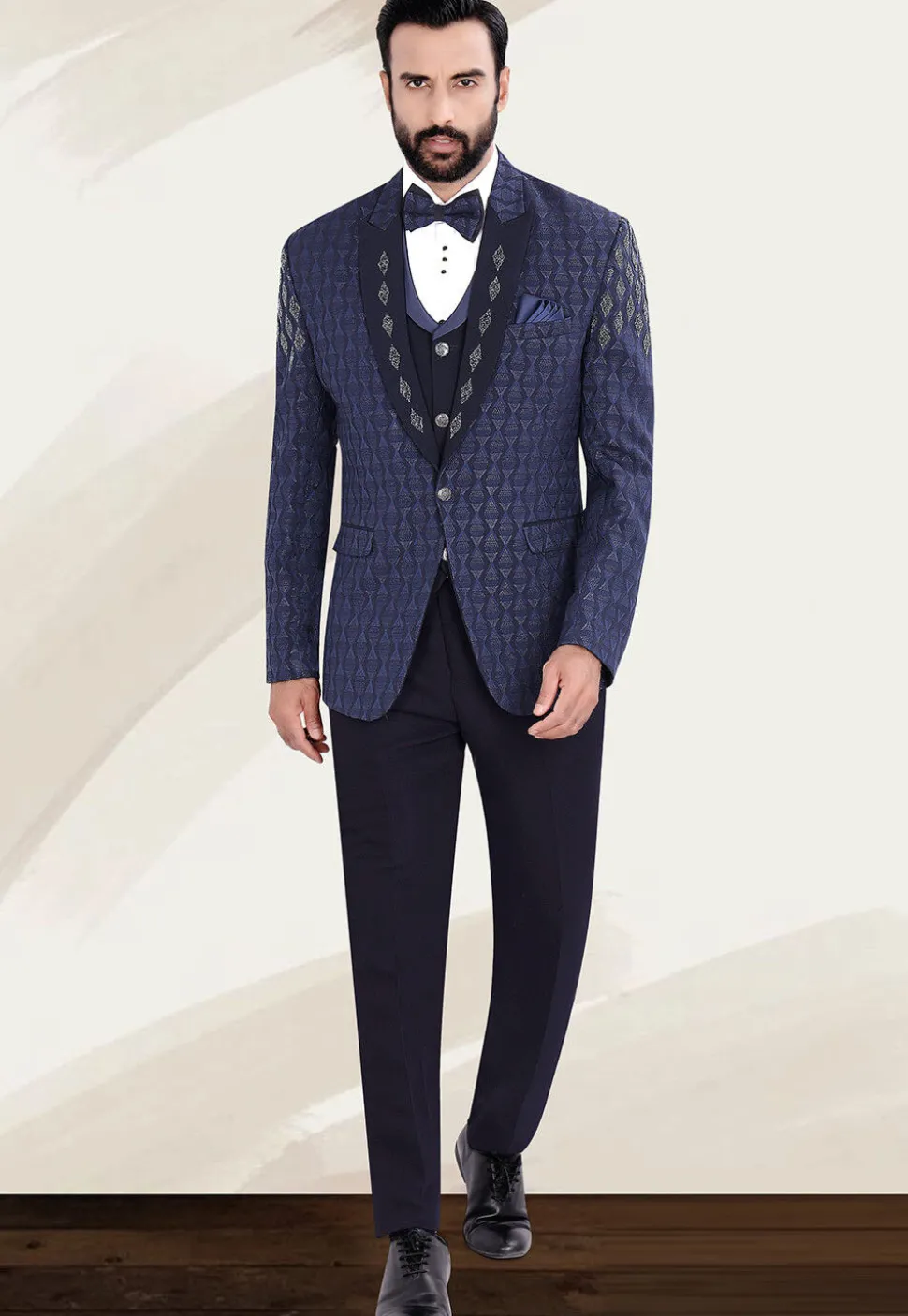 Hand Embellished Terry Rayon Jacquard Blazer in Navy Blue