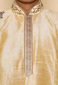 Hand Embroidered Art Silk Kurta in Light Beige