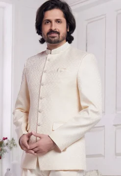 Hand Embroidered Art Silk Jacquard Jodhpuri Suit in Cream
