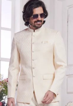 Hand Embroidered Art Silk Jacquard Jodhpuri Suit in Cream