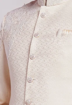 Hand Embroidered Art Silk Jacquard Jodhpuri Suit in Cream