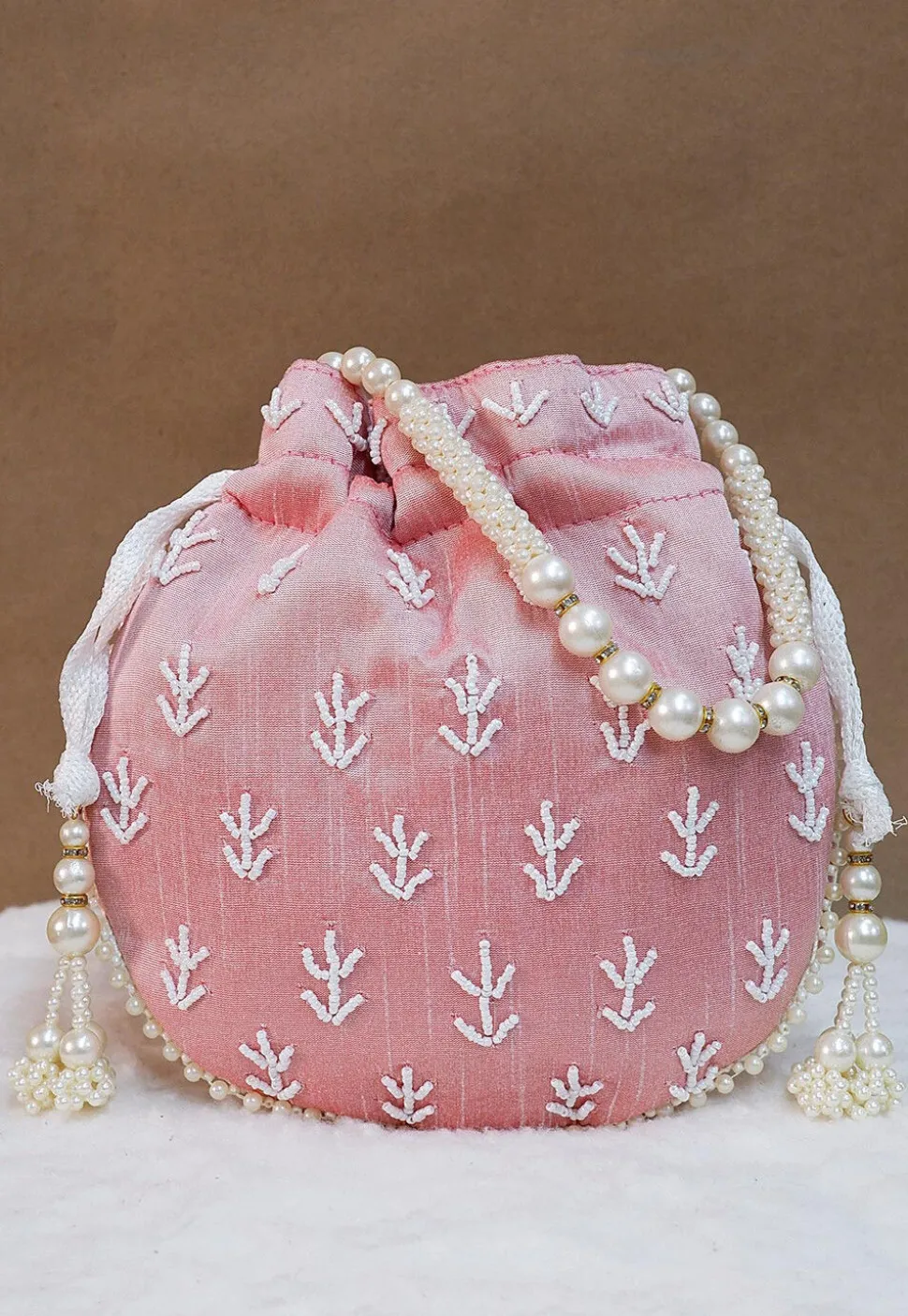 Hand Embroidered Art Silk Potli Bag in Pink