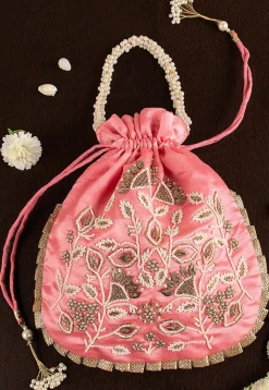 Hand Embroidered Art Silk Potli Bag in Pink
