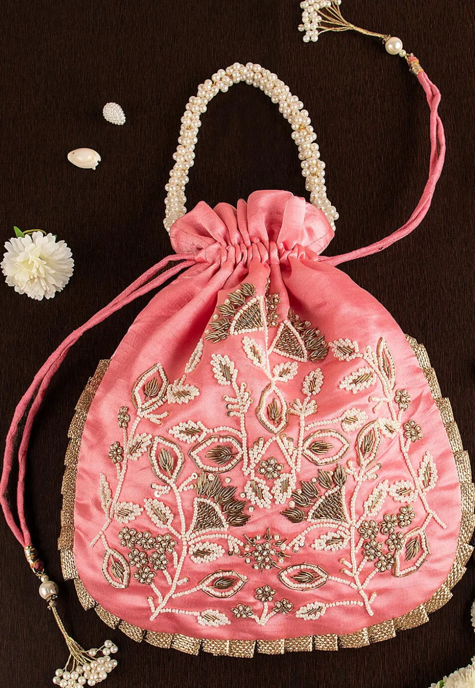Hand Embroidered Art Silk Potli Bag in Pink