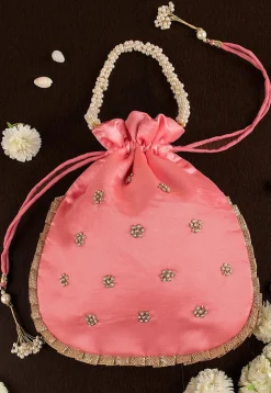 Hand Embroidered Art Silk Potli Bag in Pink