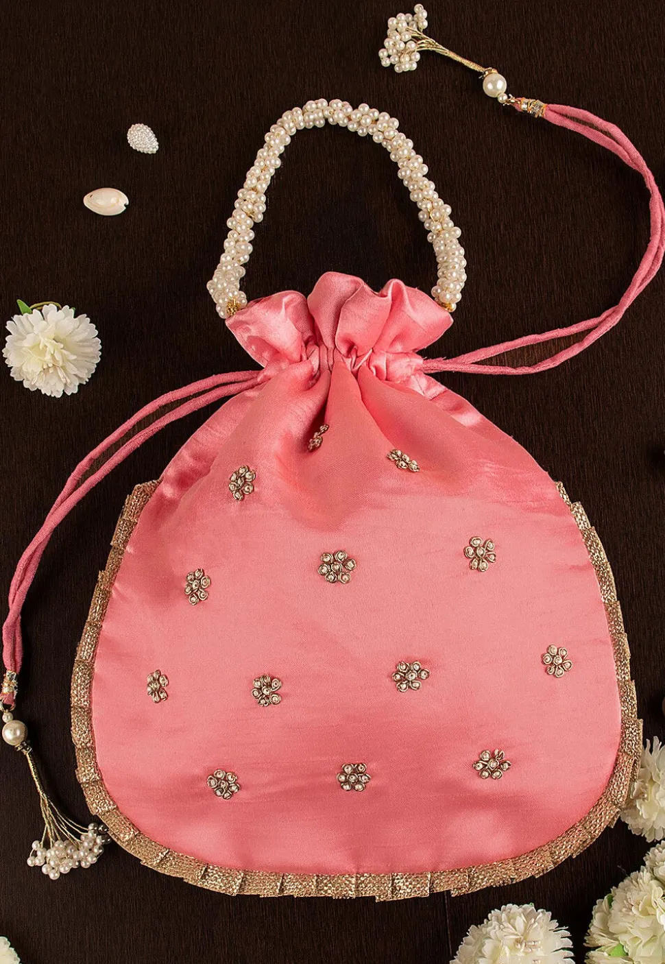 Hand Embroidered Art Silk Potli Bag in Pink