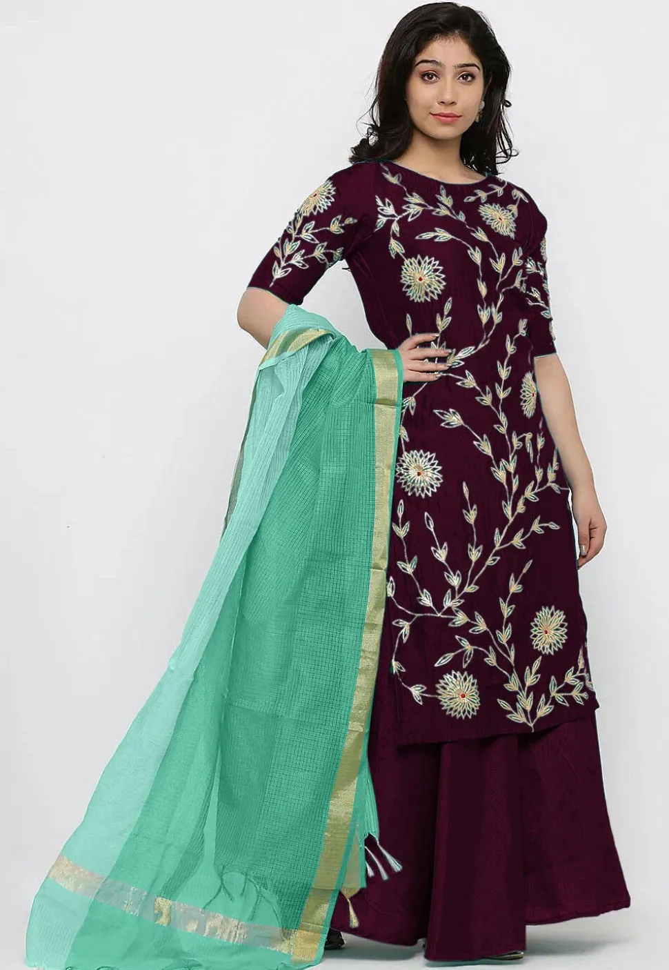 Hand Embroidered Art Silk Lehenga in Wine