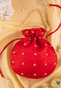 Hand Embroidered Art Silk Potli Bag in Red