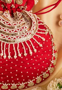Hand Embroidered Art Silk Potli Bag in Red