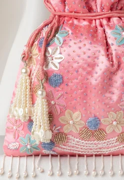 Hand Embroidered Art Silk Potli Bag in Pink