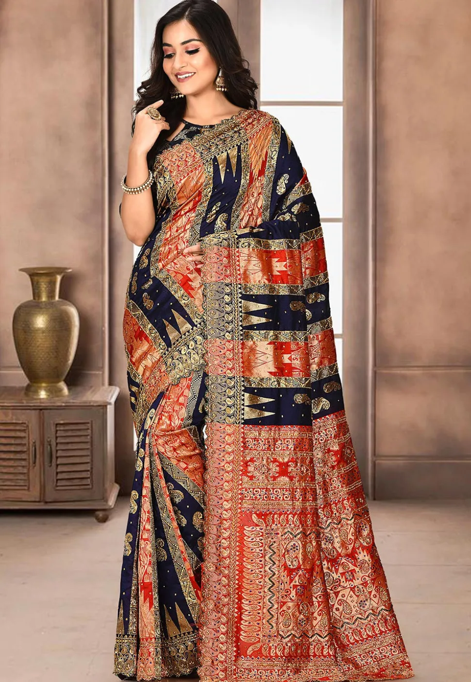 Hand Embroidered Art Silk Saree in Navy Blue