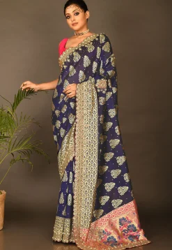 Hand Embroidered Art Silk Saree in Navy Blue