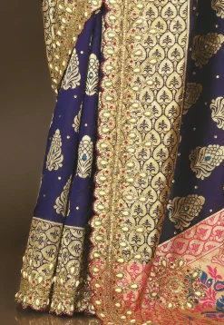 Hand Embroidered Art Silk Saree in Navy Blue