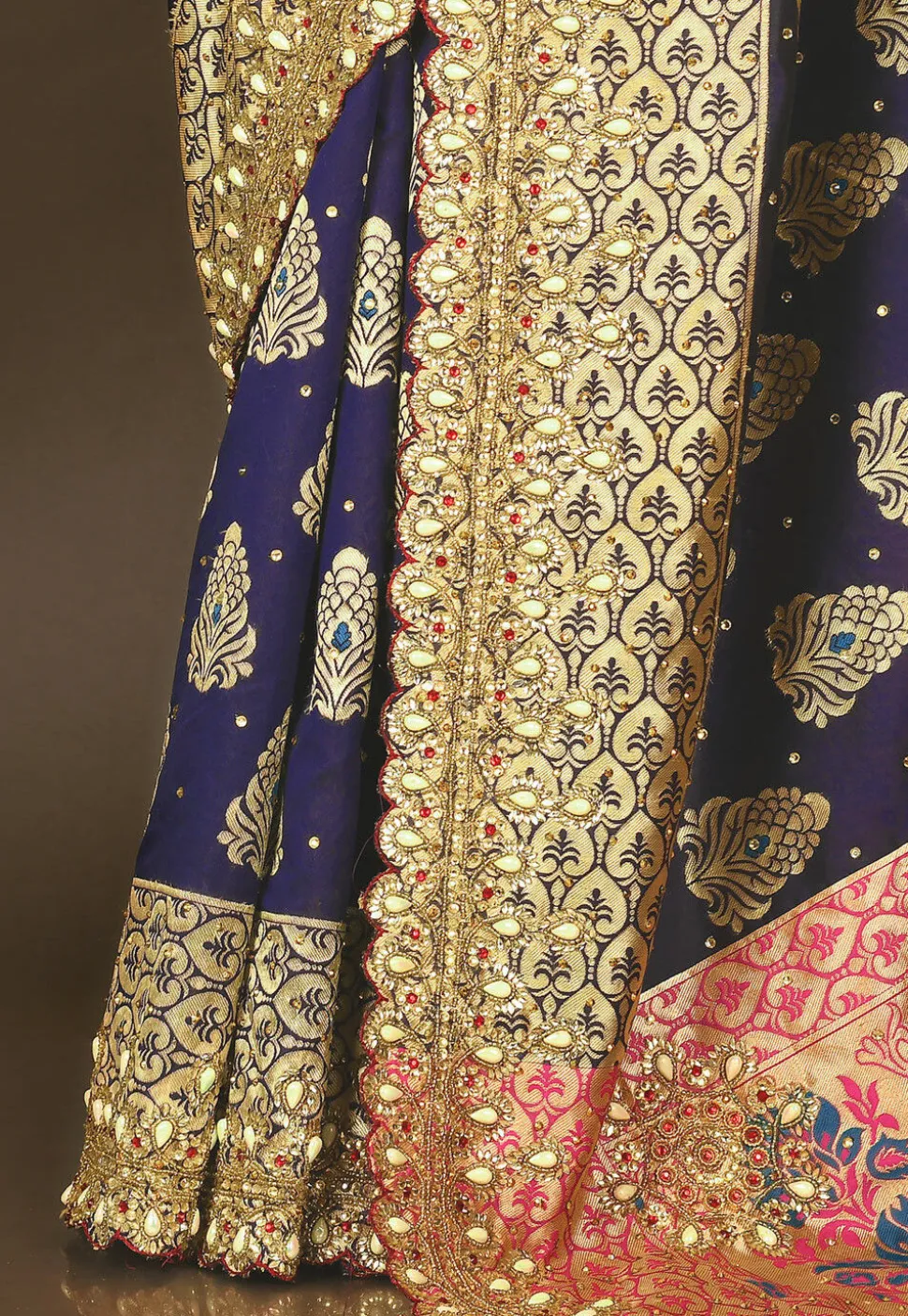 Hand Embroidered Art Silk Saree in Navy Blue
