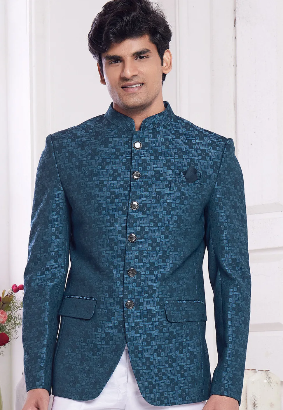 Hand Embroidered Art Silk Jacquard Jodhpuri Jacket in Teal Blue