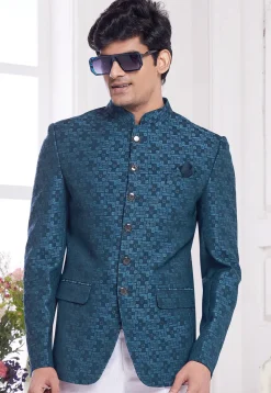 Hand Embroidered Art Silk Jacquard Jodhpuri Jacket in Teal Blue