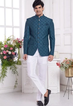 Hand Embroidered Art Silk Jacquard Jodhpuri Jacket in Teal Blue