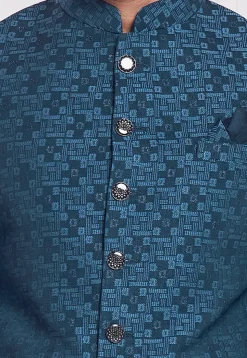 Hand Embroidered Art Silk Jacquard Jodhpuri Jacket in Teal Blue