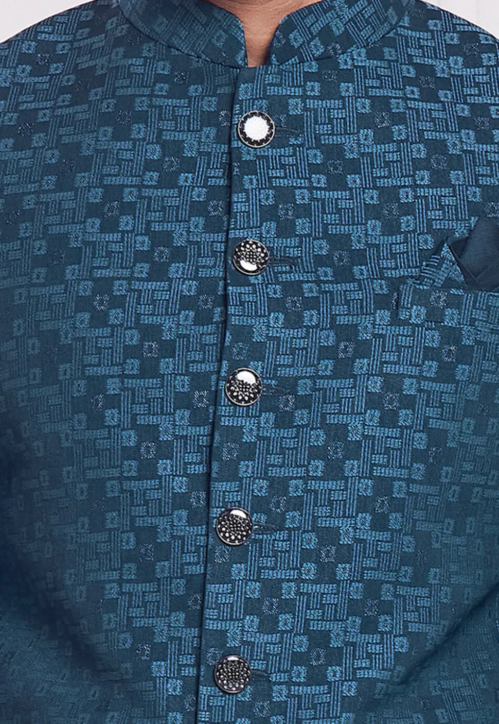 Hand Embroidered Art Silk Jacquard Jodhpuri Jacket in Teal Blue