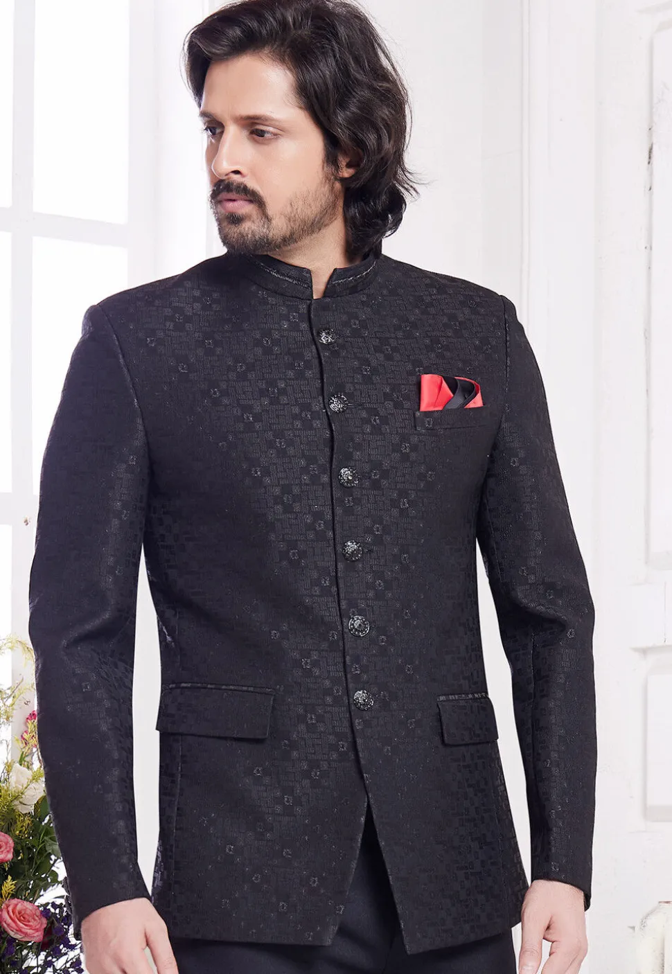 Hand Embroidered Art Silk Jacquard Jodhpuri Jacket in Black