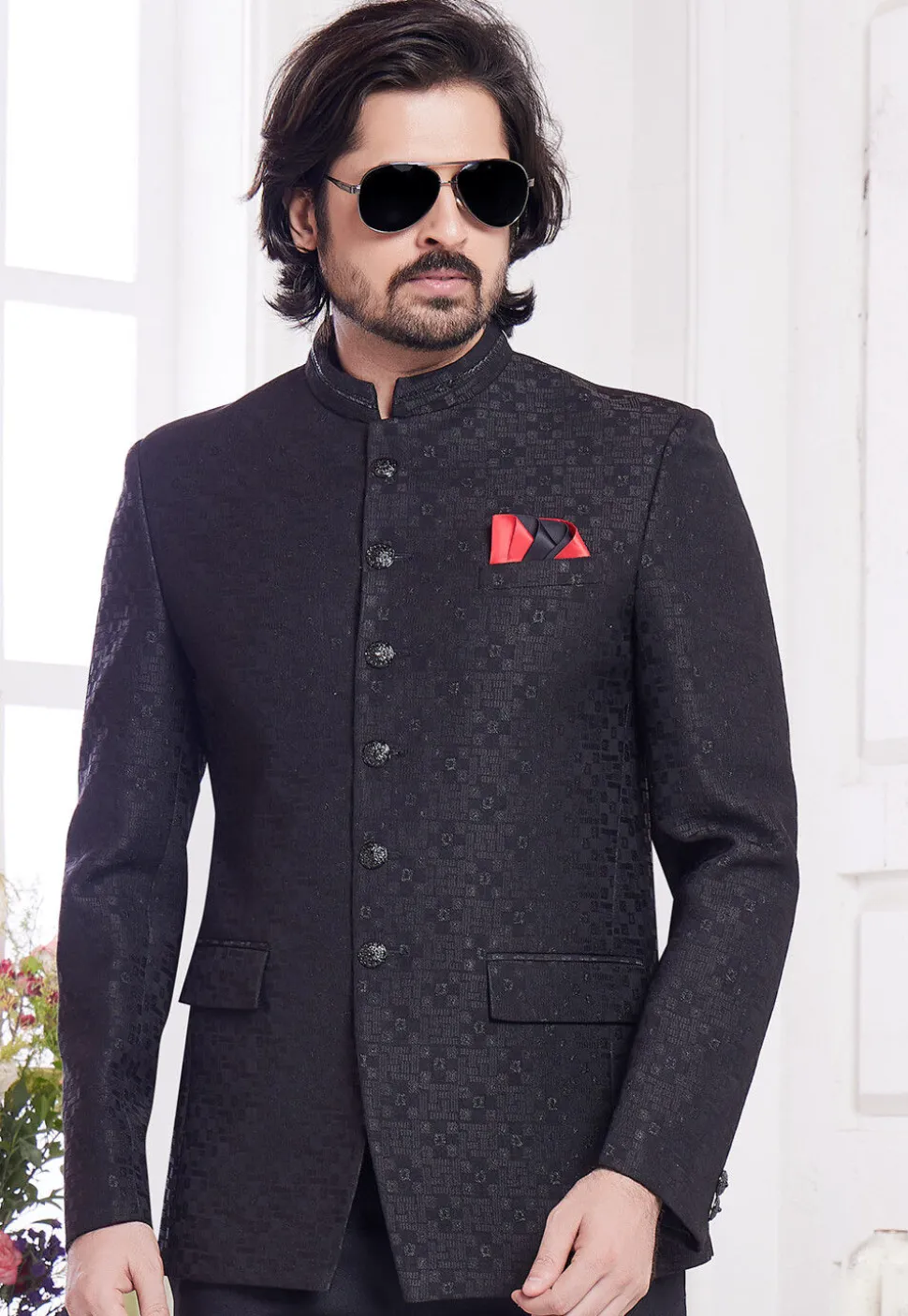 Hand Embroidered Art Silk Jacquard Jodhpuri Jacket in Black